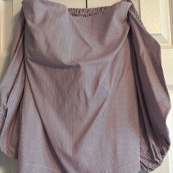 MLM Label Horizontal White & Maroon Stripe Cold Shoulder Blouse - Picture 3 of 5